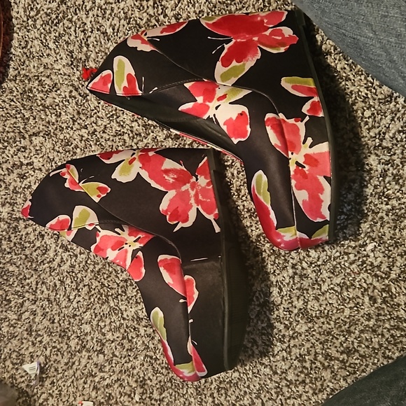 ELLE black Floral platform wedge Synthetic Black Pink satin high heels size 9 - Picture 3 of 6